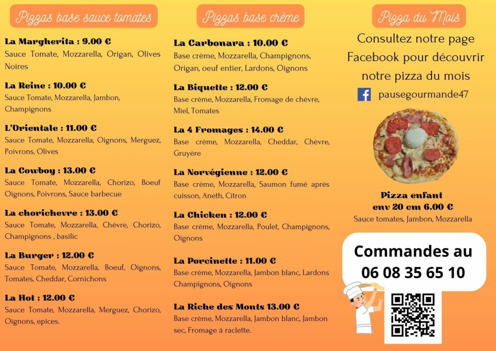 flyer pizzas foodtruck pause gourmande du pays de lauzun. Nos idées de prestations pour les marchés